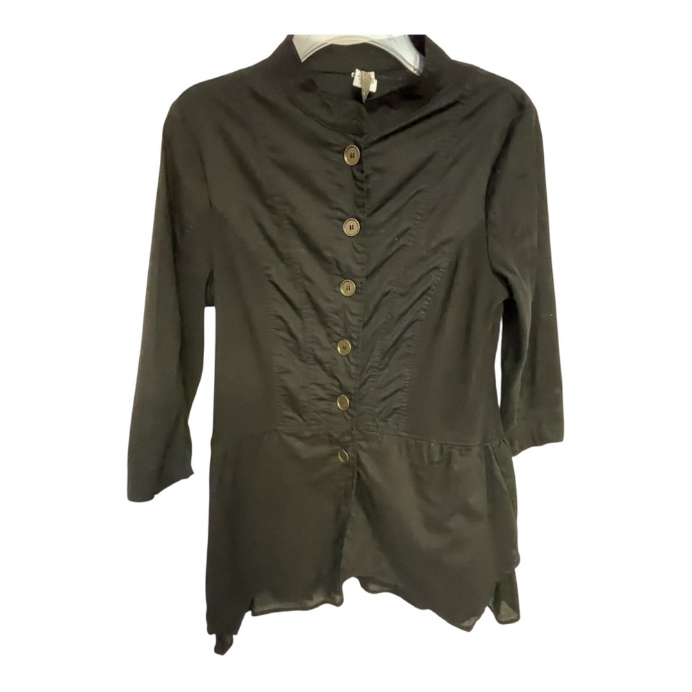 XCVI Black Button Down Shirt with Ruched Peplum and Mandarin Collar